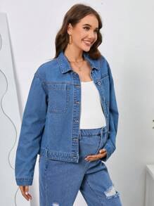 SHEIN Maternity Patched Pocket Drop Shoulder Denim Jacket