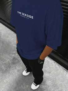 Manfinity LEGND Men Plus Size Loose Fit Slogan Graphic Drop Shoulder T-Shirt - Navy Blue - View 4