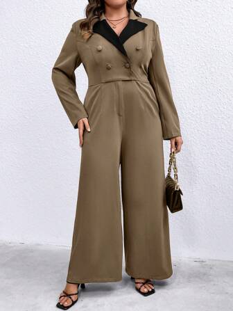 SHEIN Privé Plus Kontrast Lapelkrage Dubbelbröst Jumpsuit med Breda Ben