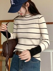 条纹立领罗纹针织毛衣 - 杏色 - 查看 6