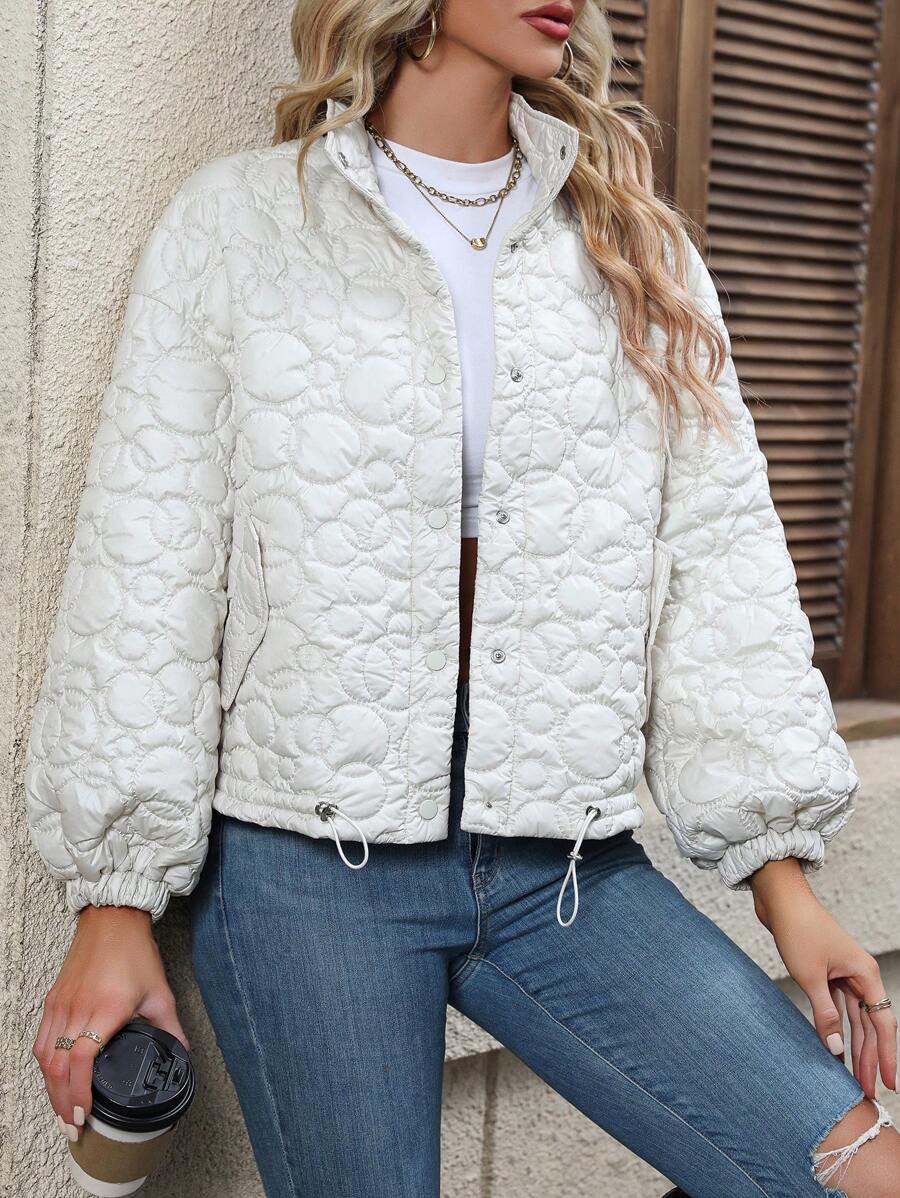 SHEIN LUNE Drawstring Hem Drop Shoulder Quilted Coat Fall Cloth For Women - Beige - View 1