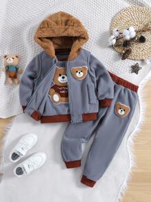 SHEIN 男小童熊貼布拉鏈開襟3D耳朵連帽夾克背心和運動褲&運動衫 - 灰色 - 查看 1