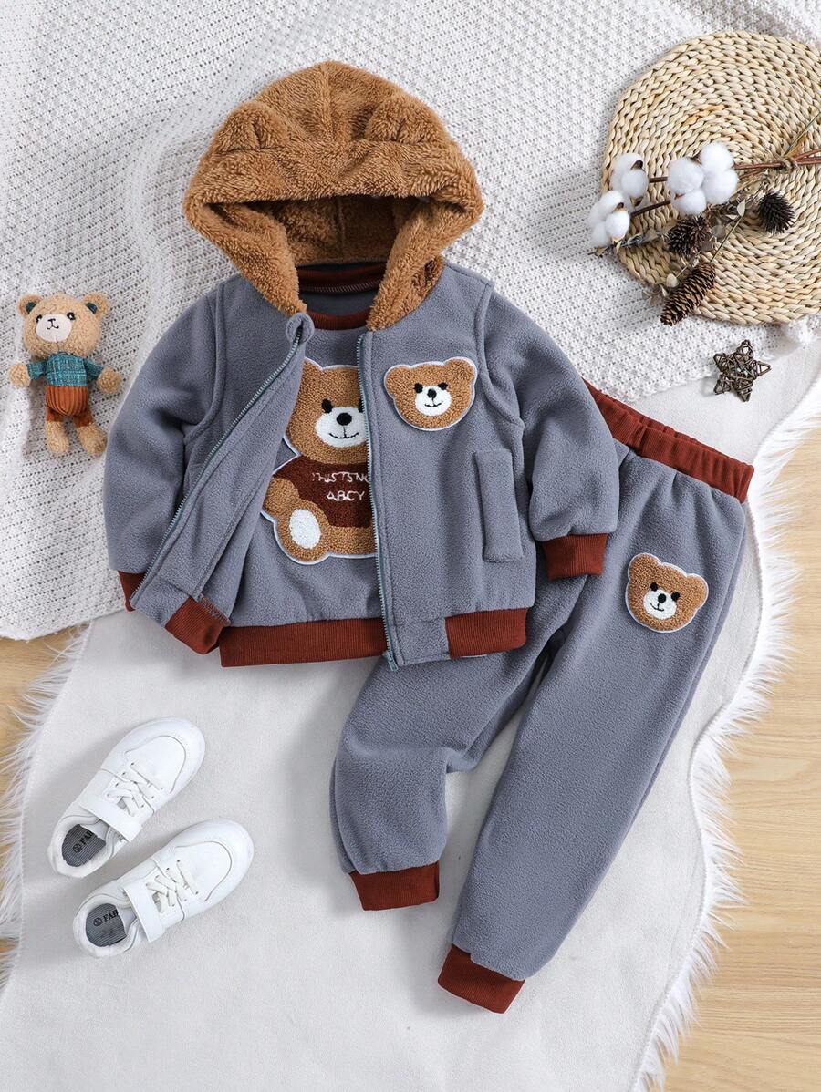 SHEIN 男小童熊貼布拉鏈開襟3D耳朵連帽夾克背心和運動褲&運動衫 - 灰色 - 查看 1