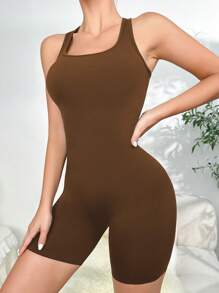 Cắt bỏ trở lại Chất rắn Bodysuit định hình - Cà phê nâu - Xem 4