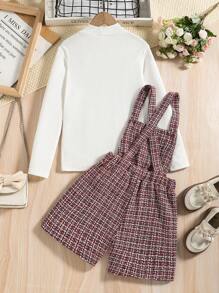 SHEIN Tween Girl Mock Neck Tee & Plaid Tweed Overall Romper - Red and White - View 2