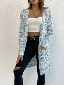 SHEIN LUNE Cárdigan de plumero tejido jaspeado de hombros caídos - Azul - Ver 4