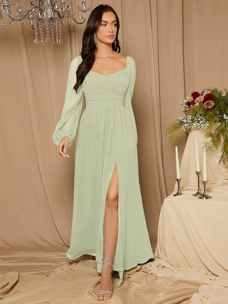 chiffon sage green bridesmaid dress Zapakasa Women Sage Green Chiffon A-Line Long Bridesmaid Dress Off the  Shoulder Long Sleeves Wedding Guest Dress