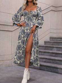 SHEIN LUNE 满版印花系带喇叭袖开衩长裙女装 - 藍色 - 查看 5