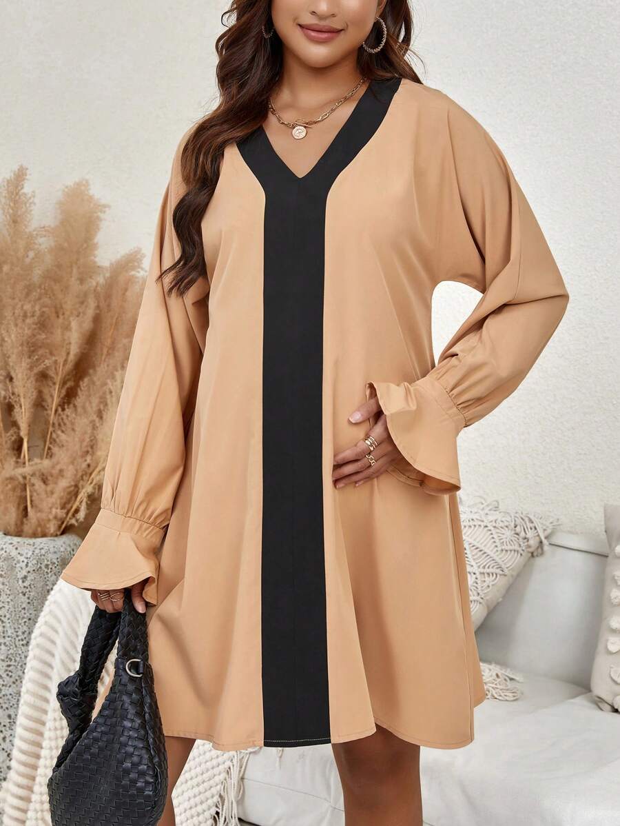 SHEIN Maternity Contrast Panel Flare Sleeve Dress - Khaki - View 1