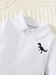 SHEIN Bộ 3 áo liền quần dài tay cổ bẻ họa tiết khủng long thêu trang trí phong cách đại học dễ thương cho bé trai - Nhiều màu - Xem 4