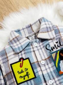 Young Boy Plaid & Letter Graphic Patched Detail Shirt - Blue and White - View 3