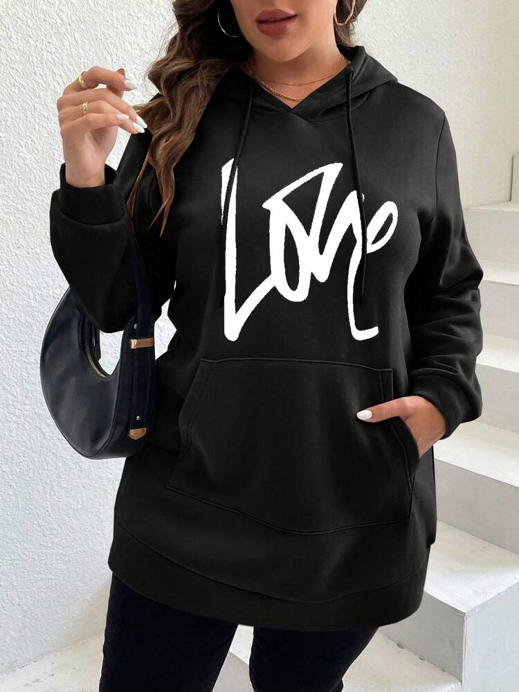 Plus Size Women Casual Kangaroo Pocket Sweatshirt With Graphic Print