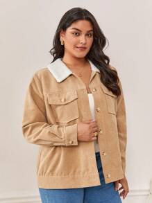 SHEIN Frenchy 大碼羊絨領口翻蓋口袋燈芯絨夾克 - 卡其色 - 查看 6