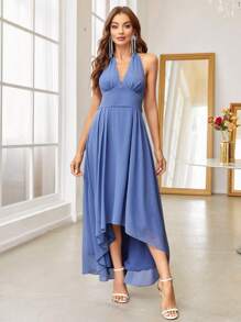 SHEIN Belle Solid High Low Hem Halter Dress, Semi Formal Dress - Blue - View 6
