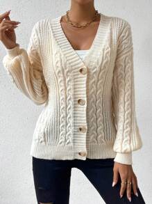 SHEIN Unity Cable Knit Drop Shoulder Cardigan - Apricot - View 7