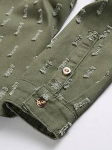 Manfinity Homme 男士纯色口袋贴片饶舌歌手时尚纯色牛仔衬衫（不含 T 恤），适合派对 - 軍綠色 - 查看 5