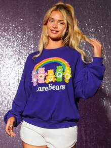SHEIN X Care Bears 彩虹&字母圖案落肩運動衫 - 紫色 - 查看 4