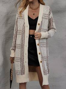 SHEIN LUNE Plaid Pattern Drop Shoulder Cardigan Fall Cloth For Women