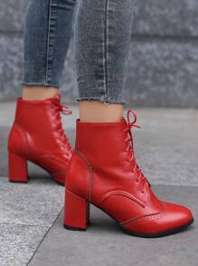 Vintage Autumn & Winter Block Heel Boots For Women, Pu, Front Lace-up, Red - Red - View 2