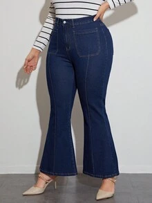 SHEIN LUNE Plus Patch Pocket Flare Leg Jeans - Blue - View 6