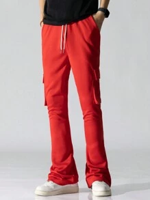 Manfinity EMRG Men Solid Flap Pocket Drawstring Waist Sweatpants - Red - View 3
