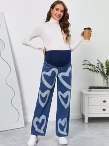 SHEIN Jeans premamá de pernera ancha con estampado de corazones y cintura ancha