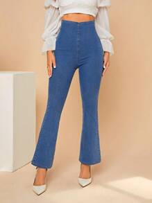 SHEIN Privé High Waist Flare Leg Jeans - Blue - View 4