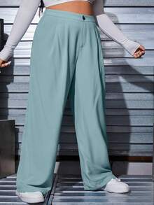 SHEIN EZwear Hơn Chất rắn Túi nghiêng Quần tây - Màu xanh lam - Xem 3