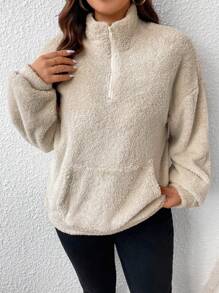 SHEIN Frenchy Hơn Túi kangaroo Thả vai Teddy Áo nỉ - Màu be - Xem 4