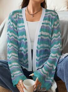 Flirla Plus Allover Chevron Pattern Scallop Trim Cardigan