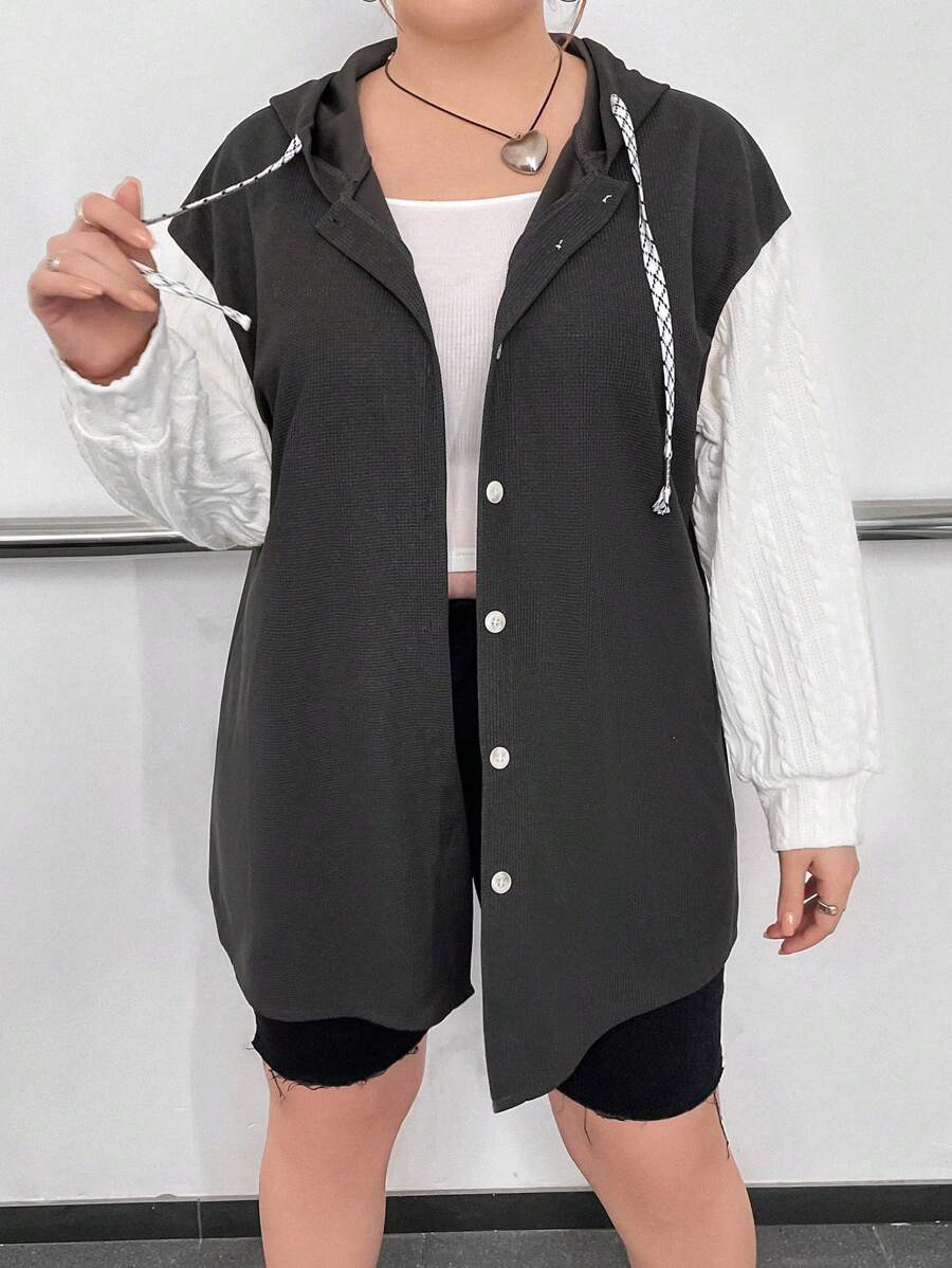 Flirla Plus Colorblock Drop Shoulder Drawstring Hooded Coat - Multicolor - View 1