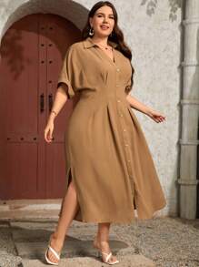 SHEIN LUNE Plus Button Front Plicated Detail Batwing Sleeve Shirt Dress - Camel - View 3