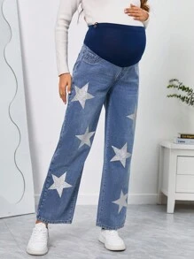SHEIN Maternity Wideband Waist Star Print Straight Leg Jeans - Medium Wash - View 4