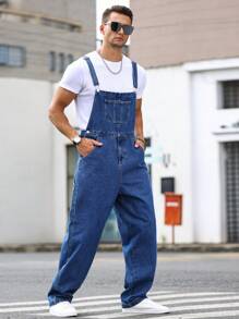 Manfinity Homme 寬鬆設計男士牛仔背帶褲,斜口口袋（不包括t恤） - 深色水洗藍 - 查看 7