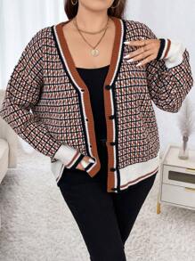 SHEIN LUNE Plus Size Houndstooth Pattern Cardigan Fall Winter Cloth For Women Autumn - Multicolor - View 6