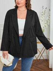 SHEIN Essnce Plus Peak Collar Double Button Blazer Graduation,Back To School,Teacher Outfits For Women In Fall/Winter - Black - View 3