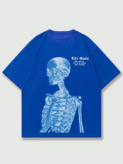 Street Life Men Slogan & Skeleton Print Drop Shoulder Tee For Halloween, School, 2000s Style