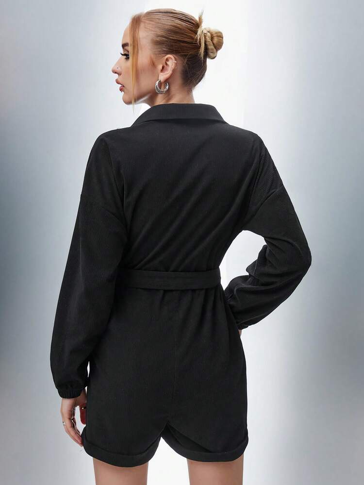 Flap Pocket Belted Shirt Romper