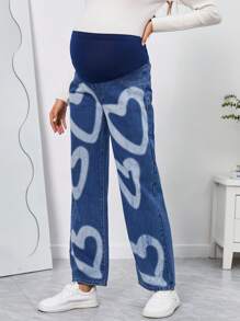 SHEIN Jeans premamá de pernera ancha con estampado de corazones y cintura ancha