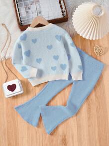SHEIN Young Girl Heart Pattern Sweater & Flare Leg Knit Pants - Blue - View 2