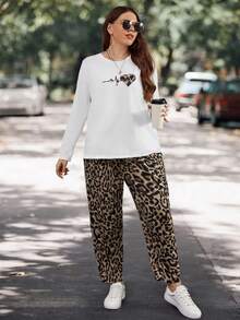 SHEIN LUNE Hơn Đồ họa Trái tim & Chữ cái Áo thun & In hoa Báo Quần - Màu Khaki - Xem 4