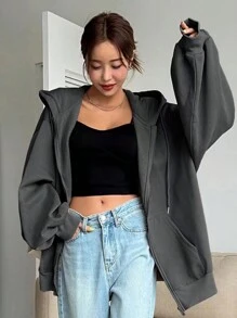 DAZY Zip Up Drop Shoulder Drawstring Thermal Lined Hoodie,Long Sleeve Tops,Fall Women Clothes Sweatshirt Jacket - Dark Grey - View 4