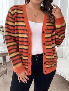 SHEIN Franclia Hơn Mẫu sọc Áo len Mở - Màu Cam san hô - Xem 5