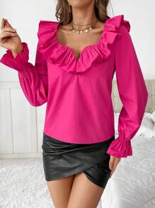 SHEIN Privé Ruffle Trim Flare Sleeve Blouse - Hot Pink - View 7