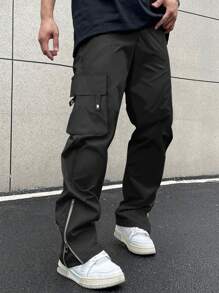 Claim Dot Men Flap Pocket Side Drawstring Waist Cargo Pants - Black - View 1