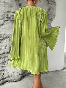 SHEIN Privé Tie Trước Xếp li Tay áo kèn  Plisse Đầm - màu xanh lá - Xem 2