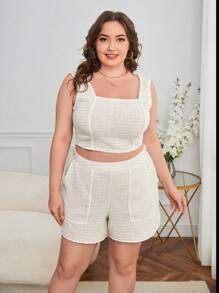 SHEIN Privé 大碼格紋印花短款背心和短褲 - 白色 - 查看 6