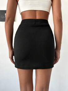 RueChic Solid Split Hem Bodycon Skirt - 黑色 - 查看 2