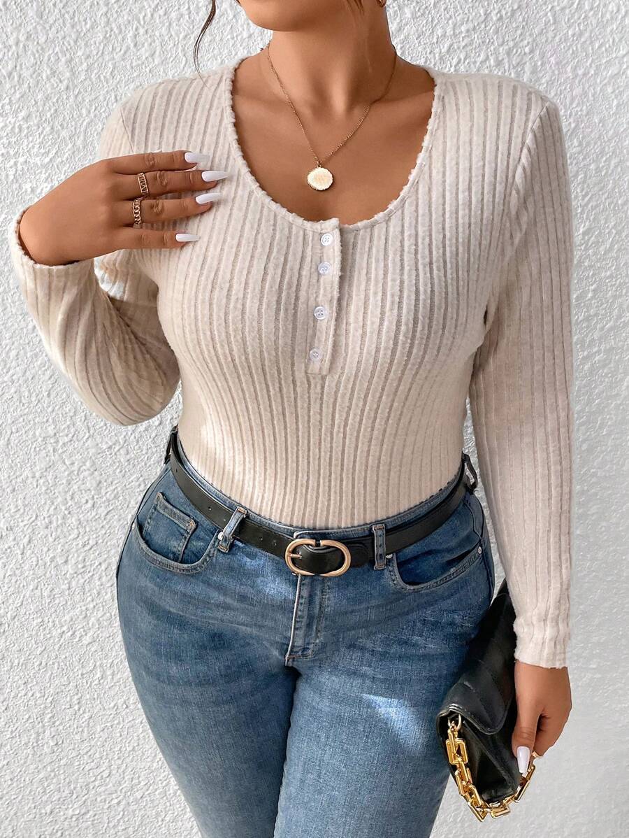 SHEIN Frenchy 大碼半扣羅紋針織T恤 - 杏色 - 查看 1