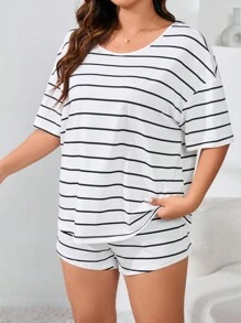 Plus Size Striped Casual Skin-Friendly Pajama Set, Outfits - White - View 5